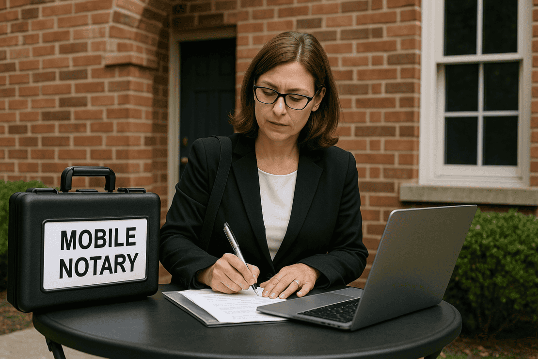 woman sitting at table signing a document with a briefcase on the table labeled "mobile notary"